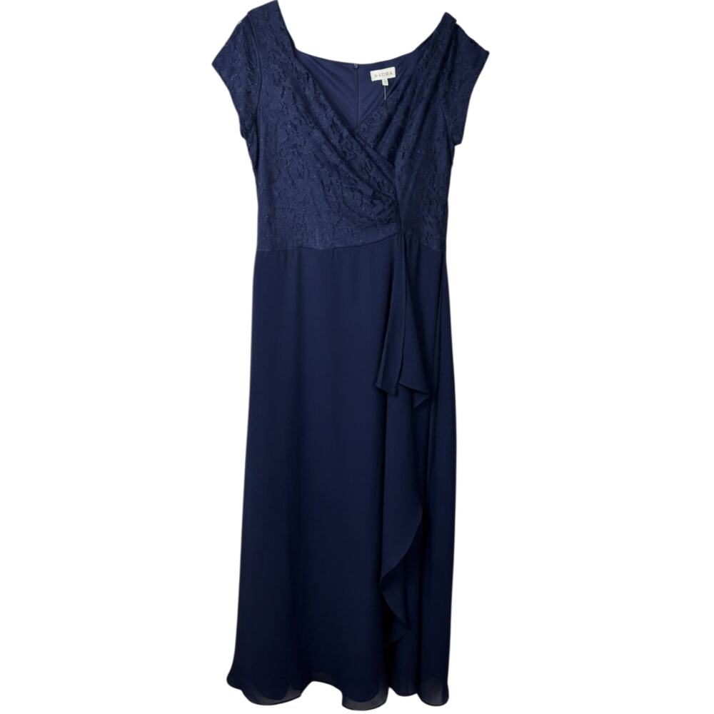 Laura (NWT) Navy lace formal dress with draped wrap bodice and cap sleeves size